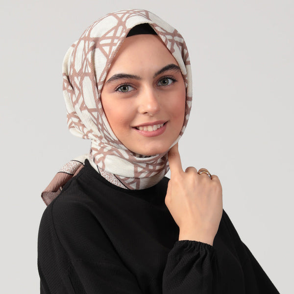 Pamuklu Bürümcük Eşarp - Asimetrik Desen - Pudra