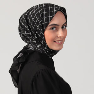 Pamuklu Bürümcük Eşarp - Kare Desen - Siyah Beyaz