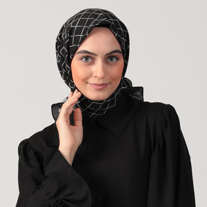 Pamuklu Bürümcük Eşarp - Kare Desen - Siyah Beyaz