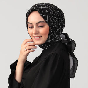 Pamuklu Bürümcük Eşarp - Kare Desen - Siyah Beyaz