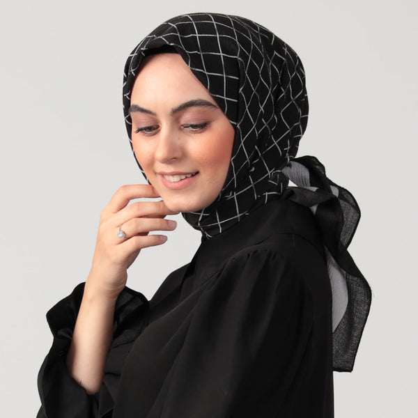 Pamuklu Bürümcük Eşarp - Kare Desen - Siyah Beyaz