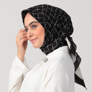 Pamuklu Bürümcük Eşarp - Kare Desen - Siyah Gri