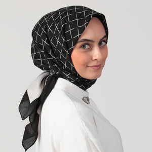 Pamuklu Bürümcük Eşarp - Kare Desen - Siyah Gri