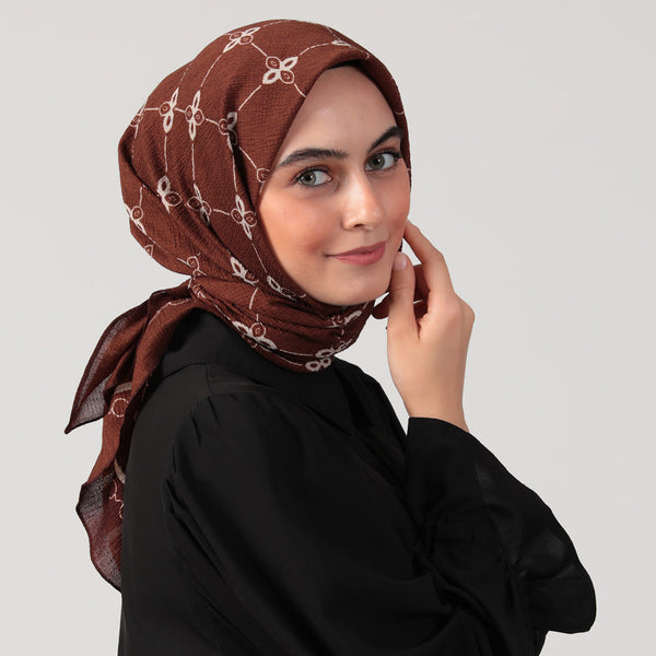 Pamuklu Bürümcük Eşarp - Minik Çiçek Desen - Kahve