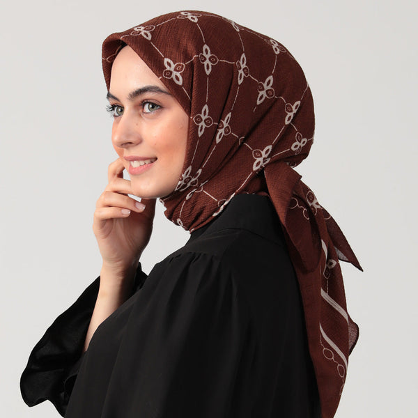 Pamuklu Bürümcük Eşarp - Minik Çiçek Desen - Kahve