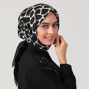 Pamuklu Bürümcük Eşarp - Mozaik Desen - Siyah Ekru