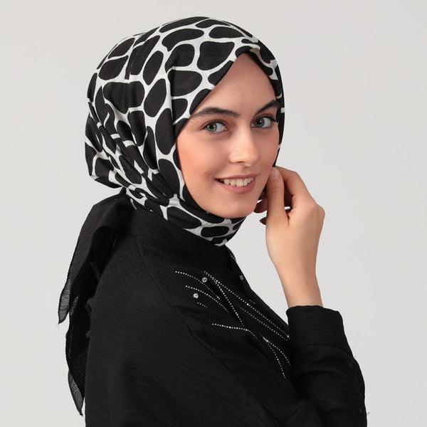 Pamuklu Bürümcük Eşarp - Mozaik Desen - Siyah Ekru