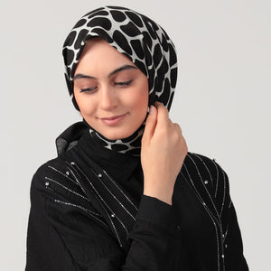 Pamuklu Bürümcük Eşarp - Mozaik Desen - Siyah Ekru