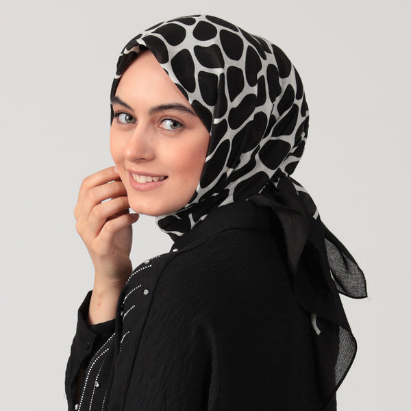 Pamuklu Bürümcük Eşarp - Mozaik Desen - Siyah Ekru