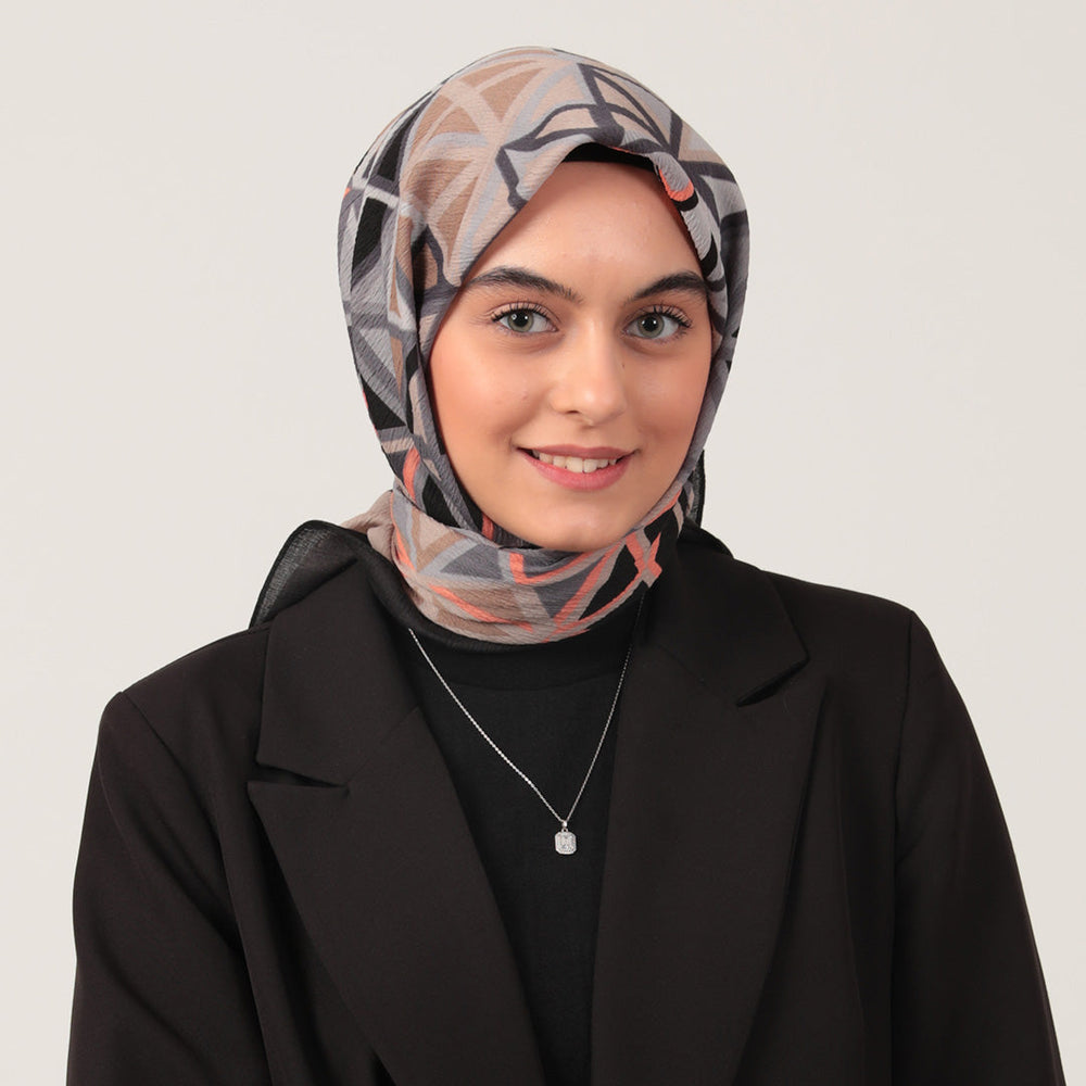 Pamuklu Bürümcük Eşarp - Prizma Desen - Vizon Oranj