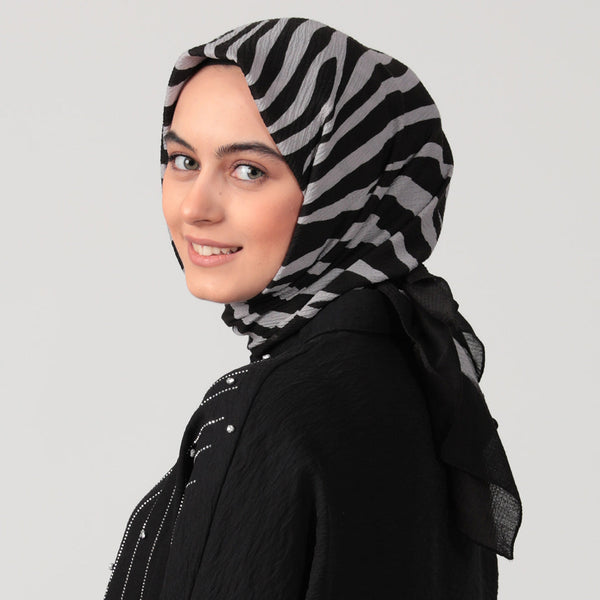 Pamuklu Bürümcük Eşarp - Zebra Desen - Gri