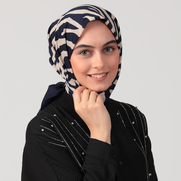 Pamuklu Bürümcük Eşarp - Zebra Desen - Lacivert