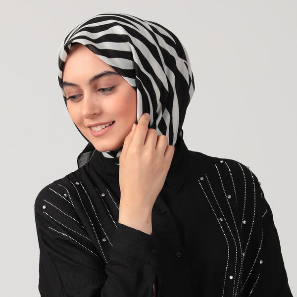 Pamuklu Bürümcük Eşarp - Zebra Desen - Siyah Ekru