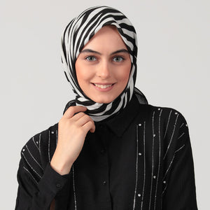Pamuklu Bürümcük Eşarp - Zebra Desen - Siyah Ekru