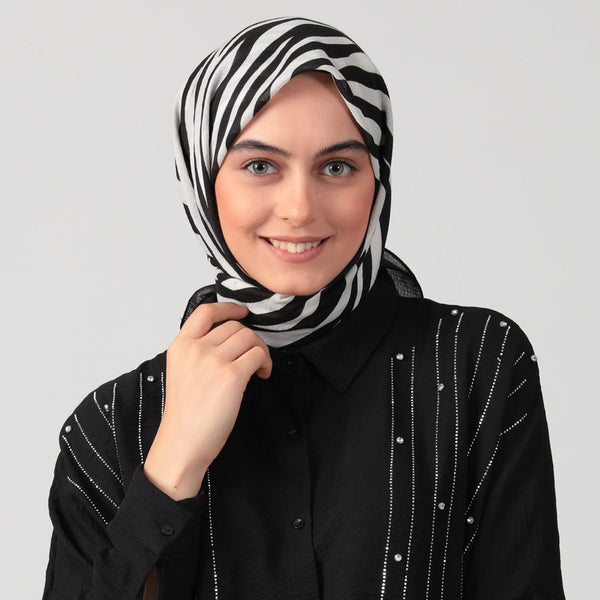 Pamuklu Bürümcük Eşarp - Zebra Desen - Siyah Ekru