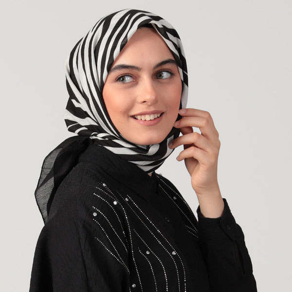 Pamuklu Bürümcük Eşarp - Zebra Desen - Siyah Ekru