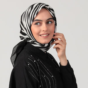Pamuklu Bürümcük Eşarp - Zebra Desen - Siyah Ekru