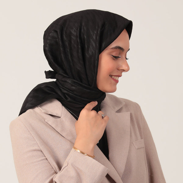 Yün İpek Eşarp - Dağ Desen - Siyah