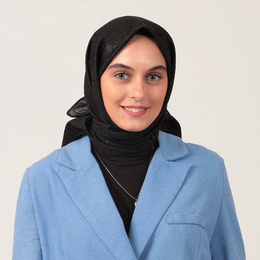 Yün İpek Eşarp - Zincir Desen - Siyah