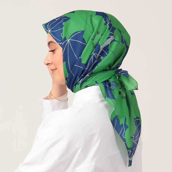 Pamuk İpek Eşarp - Manolya Desen - Fıstık Yeşili