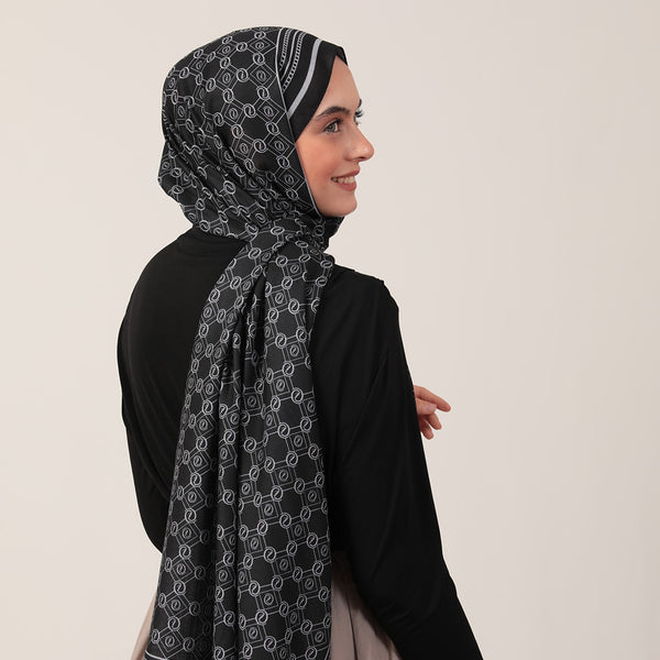 Pamuk İpek Şal - Monogram Desen - Siyah Gri