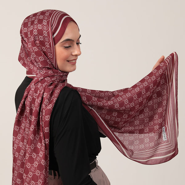 Pamuk İpek Şal - Monogram Desen - Bordo