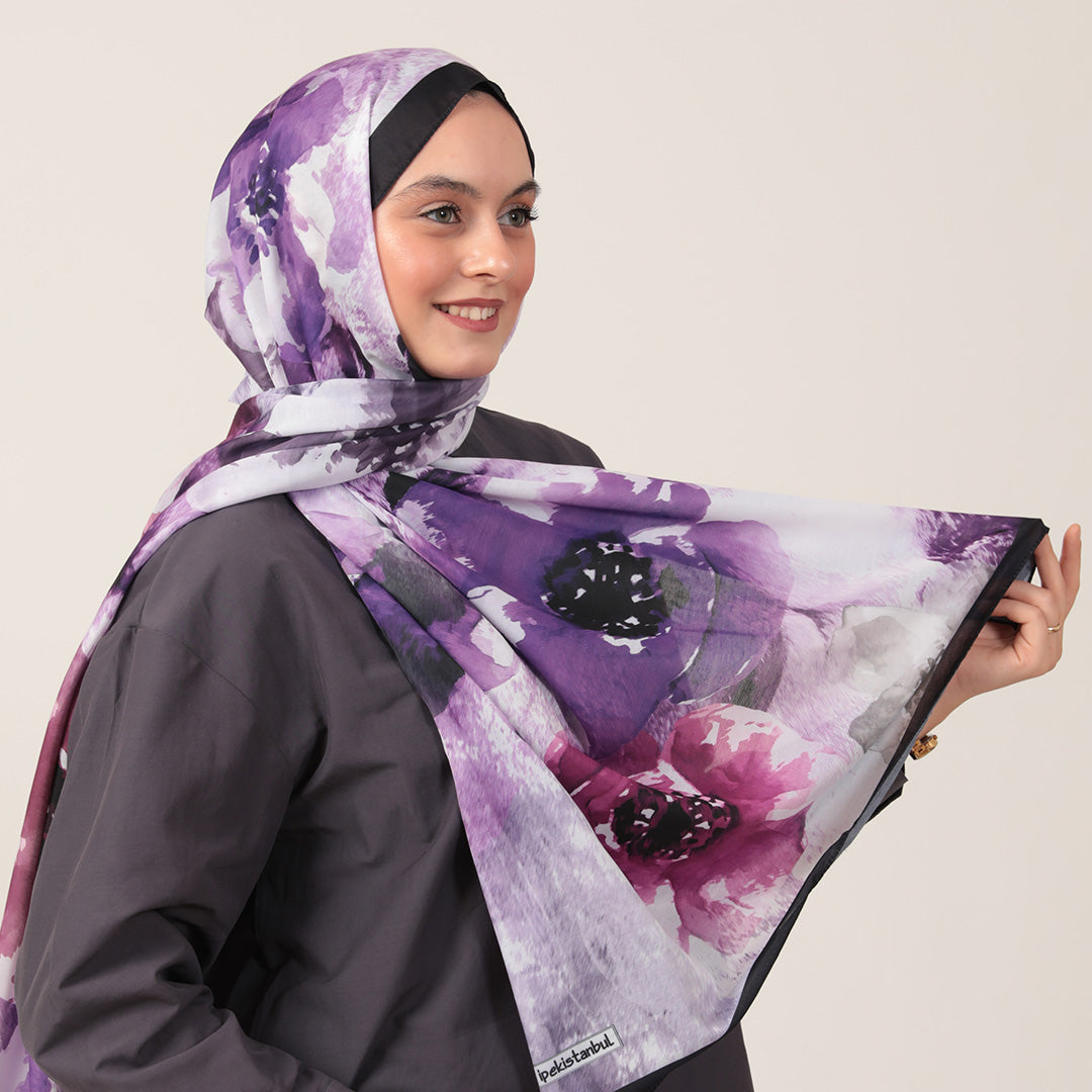 Pamuk İpek Şal - Hatmi Desen - Eflatun