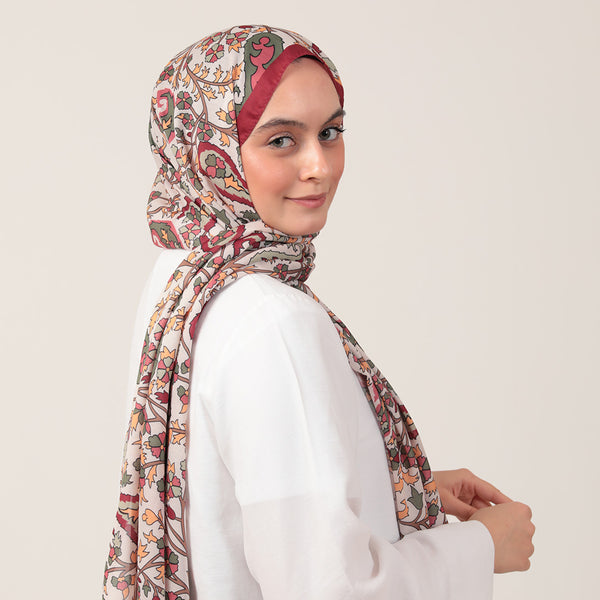 Pamuk İpek Şal - Etnik Floral Desen - Bordo