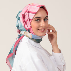 Pamuk İpek Eşarp - Lotus Desen - Petrol Yeşili