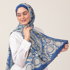 Pamuk İpek Şal - Dönence Desen - Saks Mavisi