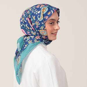 Pamuk İpek Eşarp - Etnik Floral Desen - Okyanus Mavisi