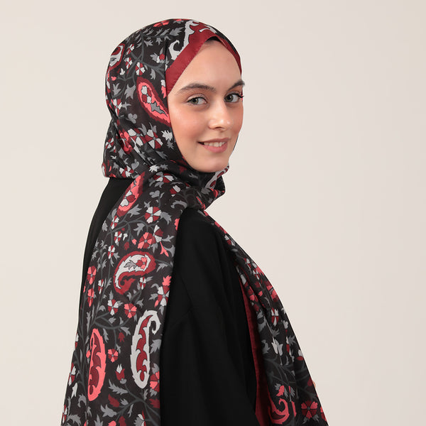 Pamuk İpek Şal - Etnik Floral Desen - Bordo Siyah