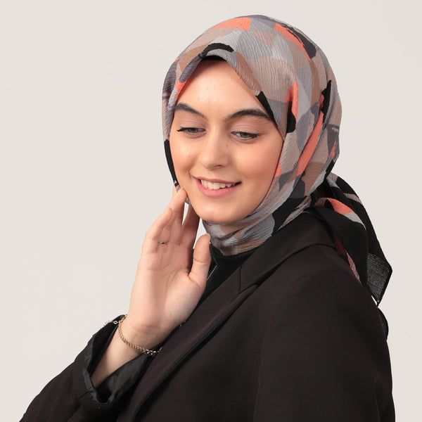 Pamuklu Bürümcük Eşarp - Üçgen Desen - Siyah Oranj