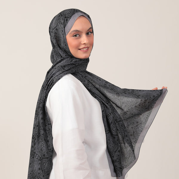 Pamuk İpek Şal - Mandala Desen - Siyah Füme