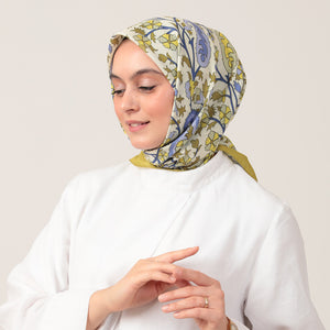 Pamuk İpek Eşarp - Etnik Floral Desen - Olive