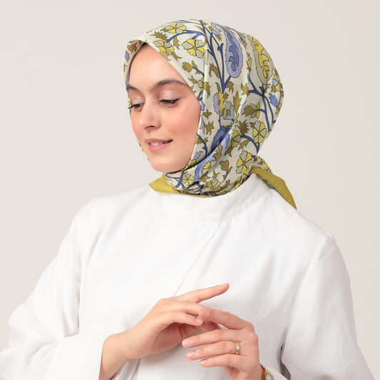 Pamuk İpek Eşarp - Etnik Floral Desen - Olive