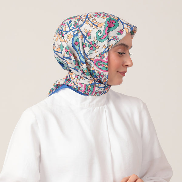 Pamuk İpek Eşarp - Etnik Floral Desen - Saks Mavisi