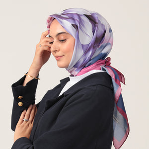 Pamuk İpek Eşarp - Lotus Desen - Morcivert