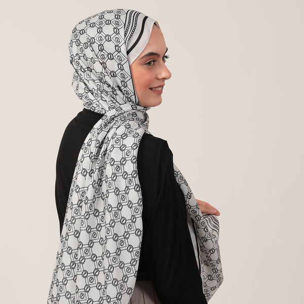 Pamuk İpek Şal - Monogram Desen - Krem Siyah