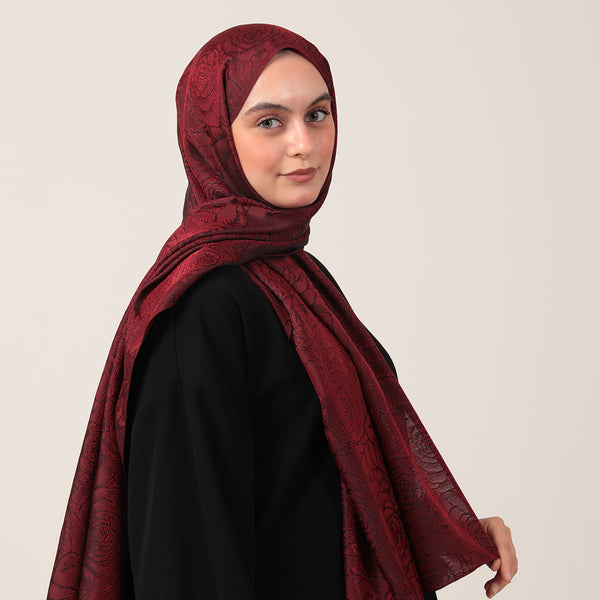 İpeksi Çift Taraflı Jakar Şal - Rose Desen - Bordo
