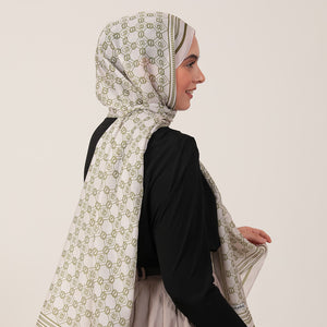 Pamuk İpek Şal - Monogram Desen - Krem Olive
