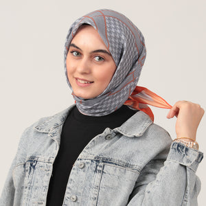 Pamuk İpek Eşarp - Minik Kazayağı Desen - Oranj Gri