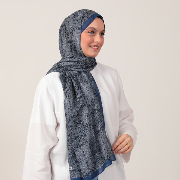 Pamuk İpek Şal - Mandala Desen - Lacivert