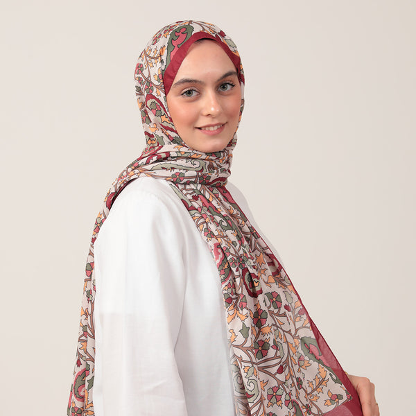 Pamuk İpek Şal - Etnik Floral Desen - Bordo