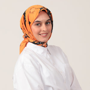 Pamuk İpek Eşarp - Manolya Desen - Turuncu Siyah