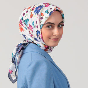 Pamuk İpek Eşarp - Hibiskus Desen - Lacivert