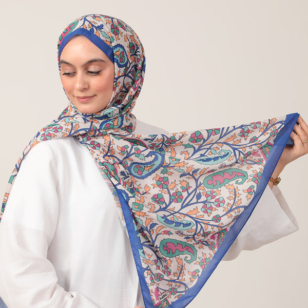 Pamuk İpek Şal - Etnik Floral Desen - Saks Mavisi
