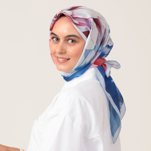 Pamuk İpek Eşarp - Lotus Desen - Saks Mavisi