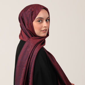 İpeksi Çift Taraflı Jakar Şal - Rose Desen - Vişne