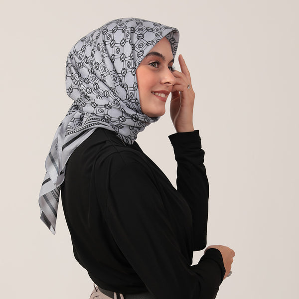 Pamuk İpek Eşarp - Monogram Desen - Gri Siyah